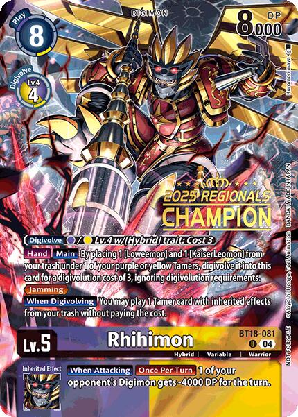 Rhihimon [BT18-081] (2025 Regionals Champion) [Release Special Booster Ver.2.0 Promos] | Devastation Store